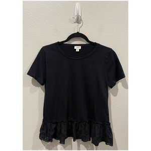 J.CREW Short Sleeve Eyelet Hem Black Blouse